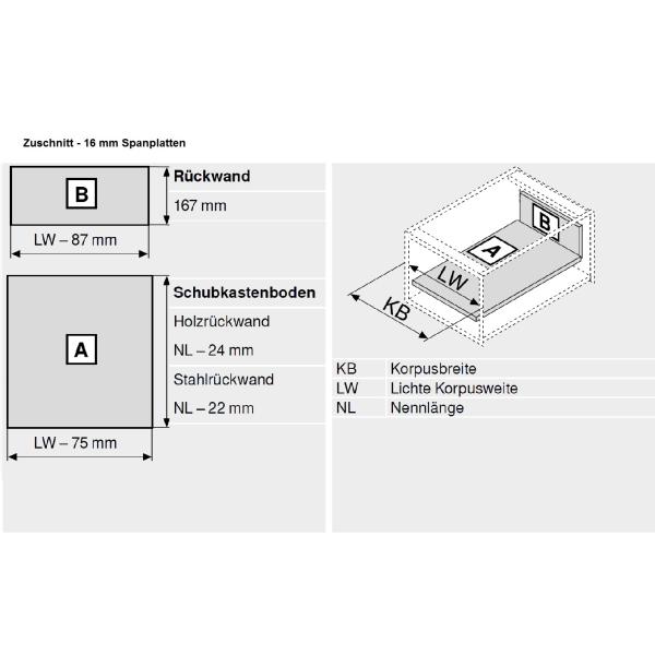 Schubkasten-Bausatz, Tandembox Antaro, Systemhöhe C 192mm mit Reling, mit Korpusschiene 30/65 kg Blumotion